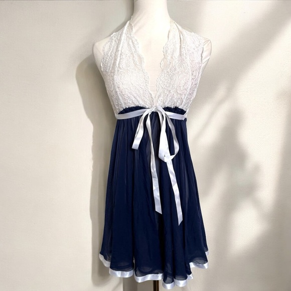 Y2K la vie en rose Elegant Navy and White Lace Halter Dress M maid nautical - Picture 1 of 6
